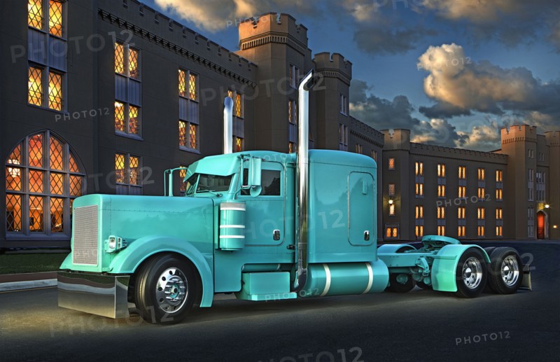 Semi-truck near castle