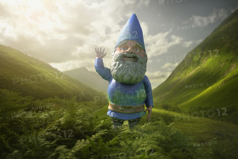 Garden gnome in lush green valley
