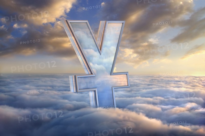 Reflection of clouds in yuan symbol in sky
