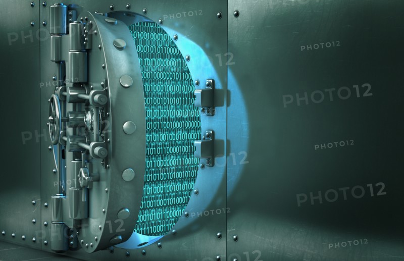Open vault door revealing binary code