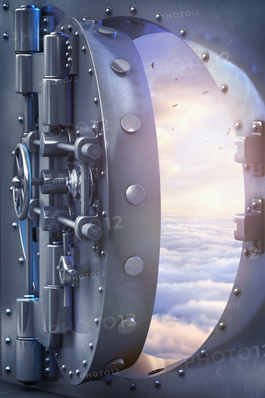 Open vault door revealing birds flying above clouds in sky