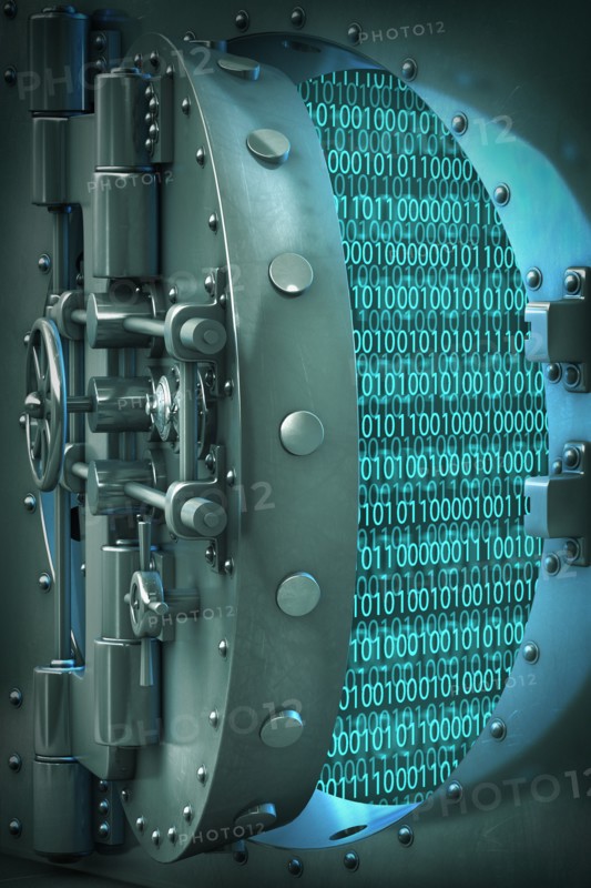 Open vault door revealing binary code