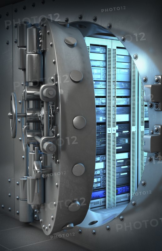 Open vault door revealing computer servers