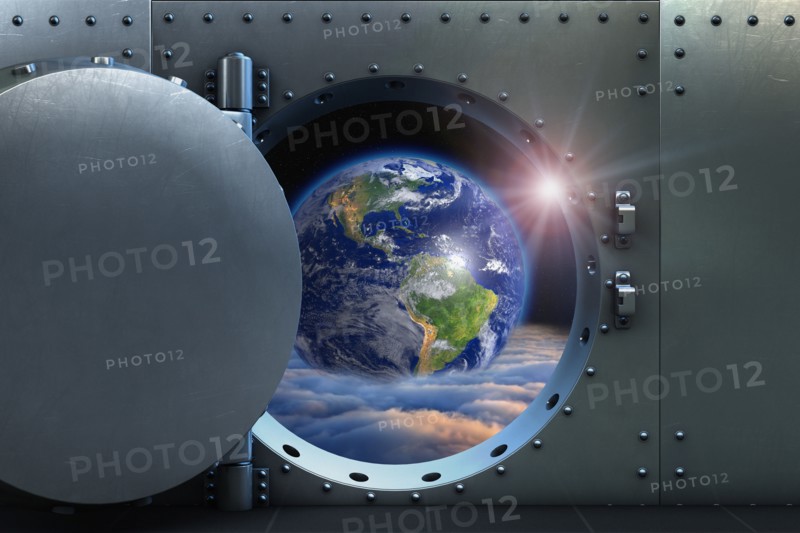 Open vault door revealing earth above clouds