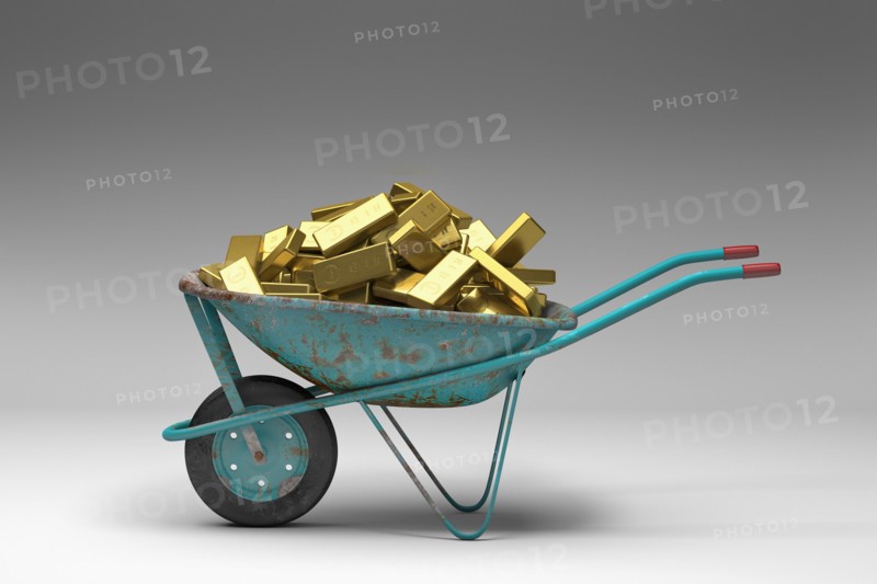 Rusty wheelbarrow full of gold bars