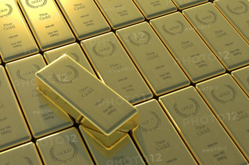 High angle view of gold bars and yuan symbol
