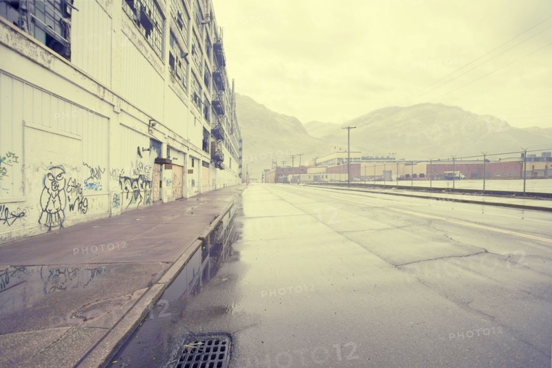 Wet street near warehouse with graffiti