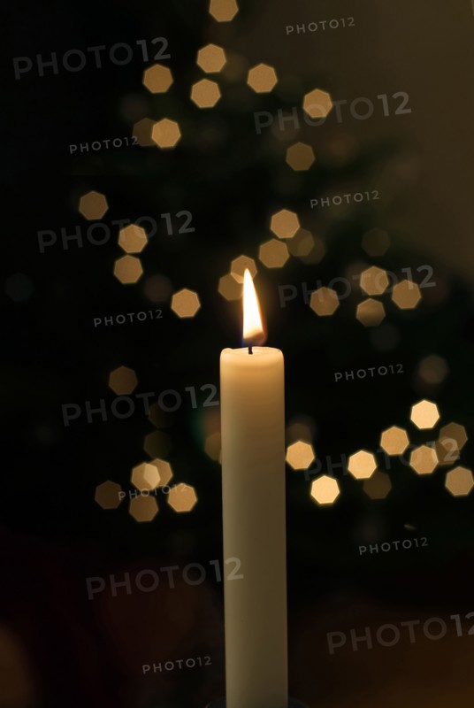 Candle with Christmas tree in background