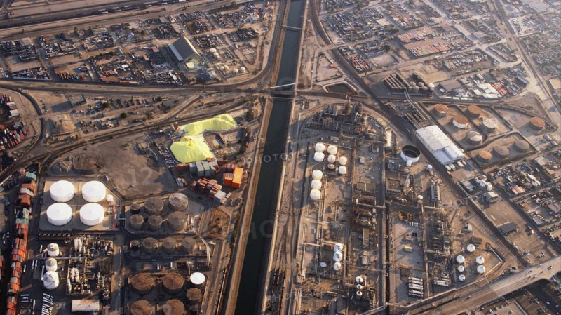 Aerial view of industrial Los Angeles cityscape