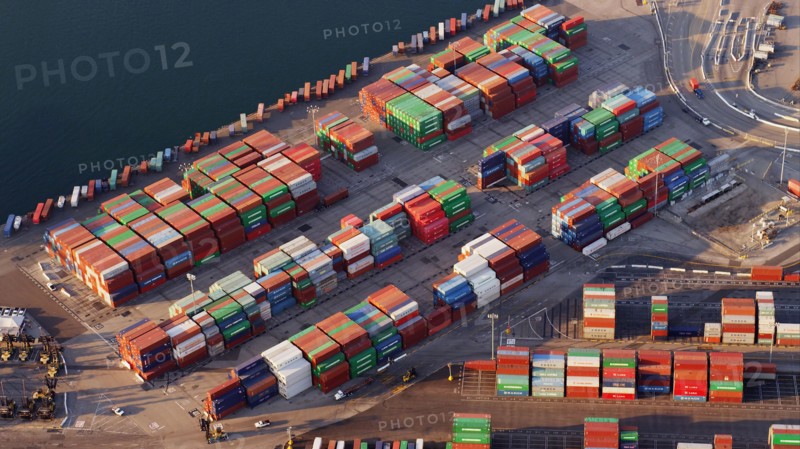 Aerial view of containers in industrial shipyard