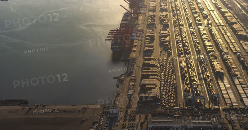 Aerial view of harbor and industrial docks