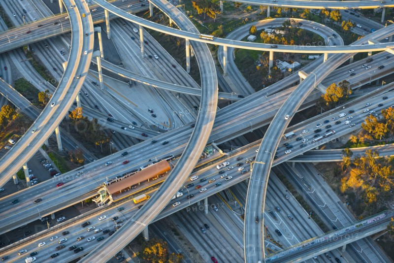 Aerial view of highway interchange in cityscape