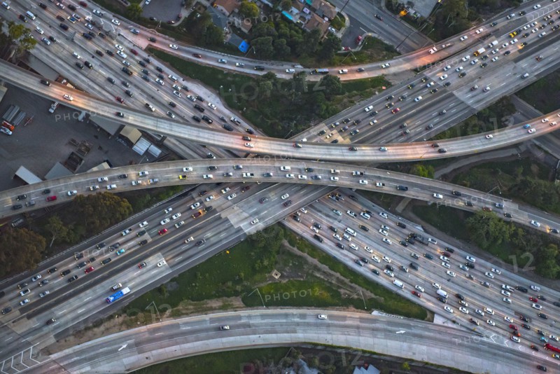 Aerial view of highway interchange in cityscape