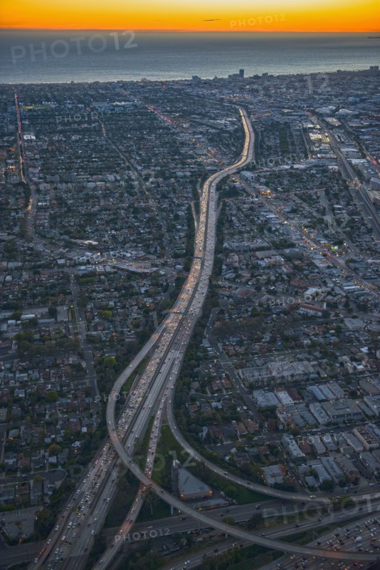Aerial view of highways in Los Angeles cityscape