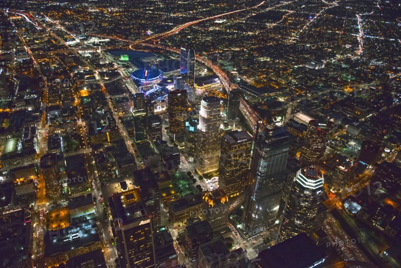 Aerial view of Los Angeles cityscape lit up at night
