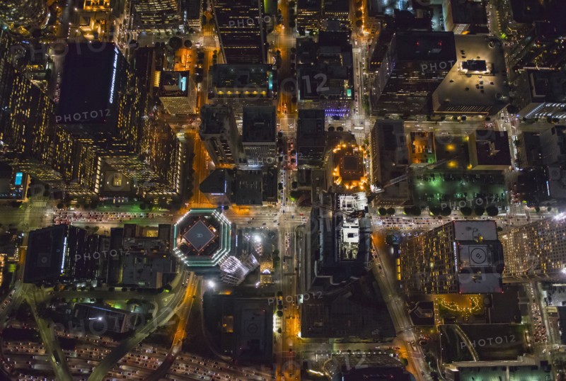 Aerial view of Los Angeles cityscape lit up at night