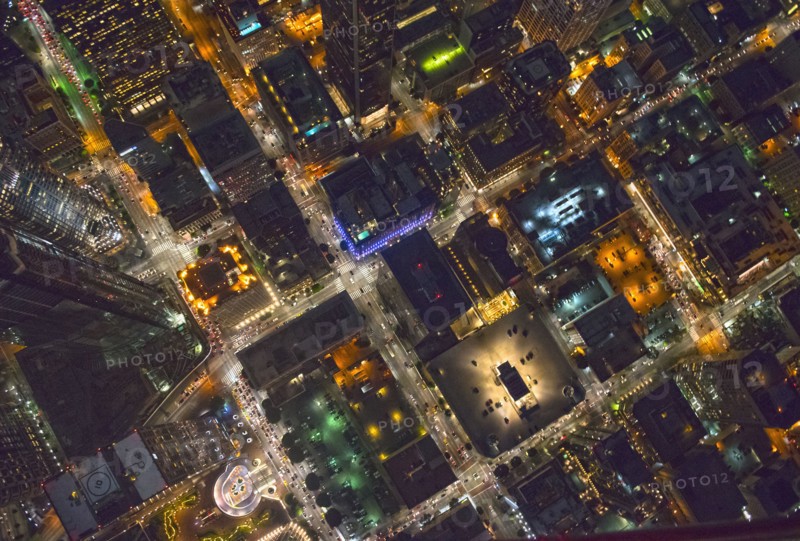 Aerial view of Los Angeles cityscape lit up at night