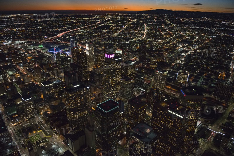 Aerial view of Los Angeles cityscape lit up at night