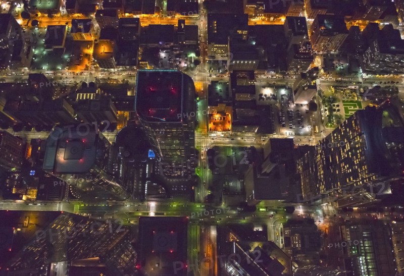 Aerial view of Los Angeles cityscape lit up at night