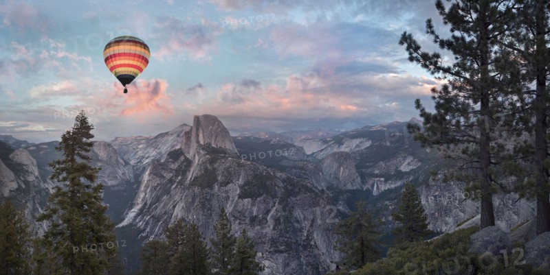 Hot air balloon flying over Yosemite