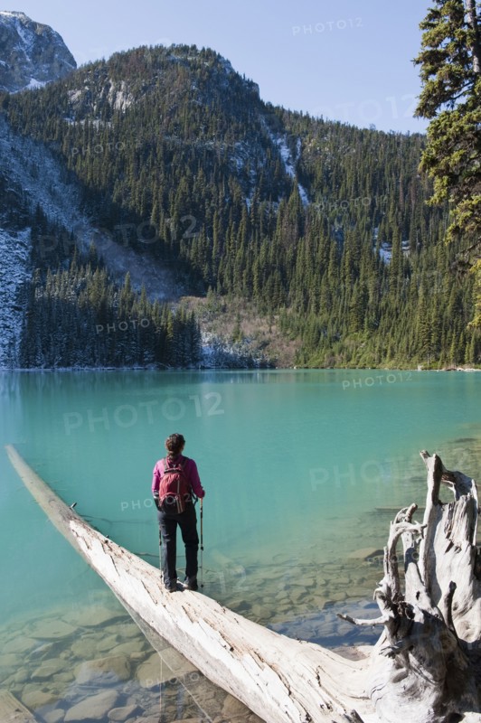 Hispanic hiker standing on log near remote lake