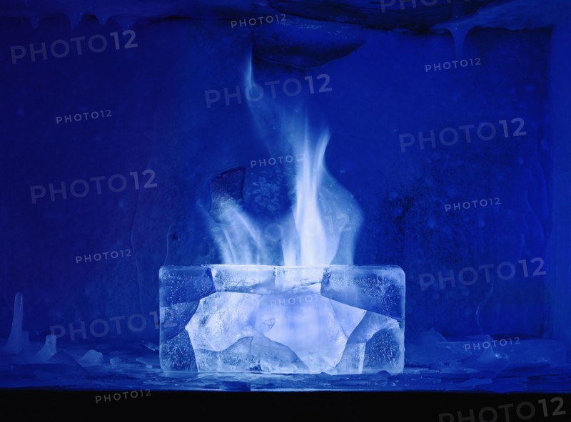 White flame burning in blue ice