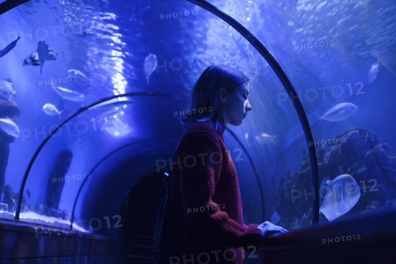 Caucasian woman admiring fish in aquarium