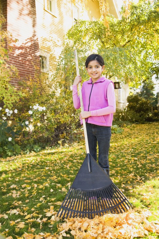 Hispanic girl raking leaves