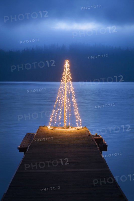 String of lights in tree shape on wooden pier
