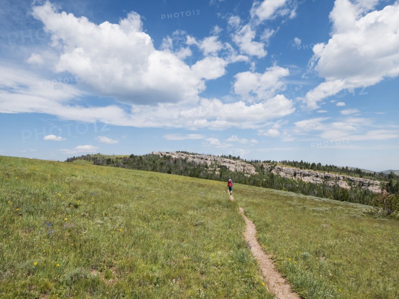 Distant Japanese hiker walking on dirt path