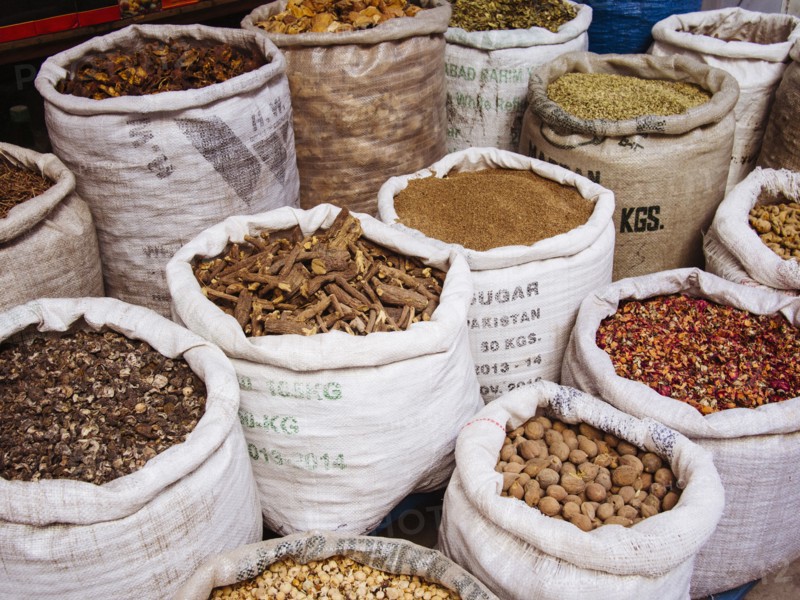 Sacks of spices for sale in market