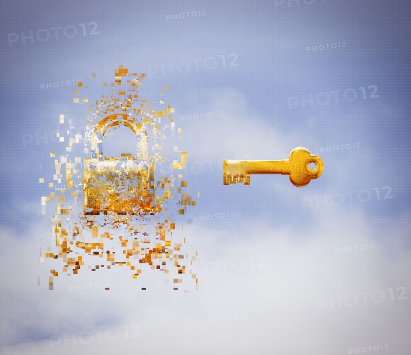 Key and pixelated padlock in sky