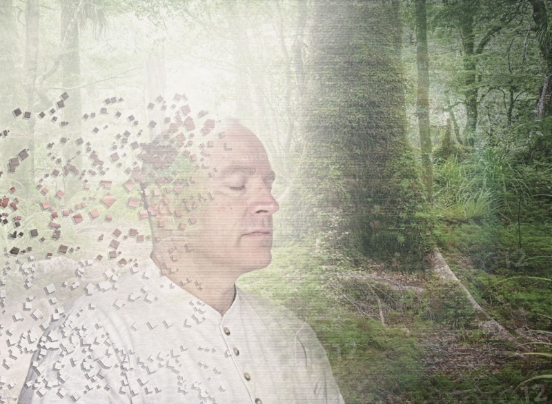 Pixelated Caucasian man in forest