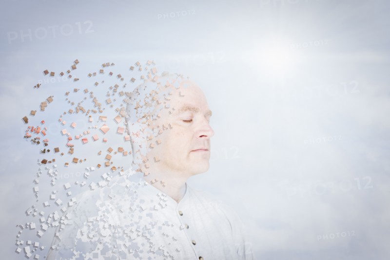 Pixelated Caucasian man in blue sky