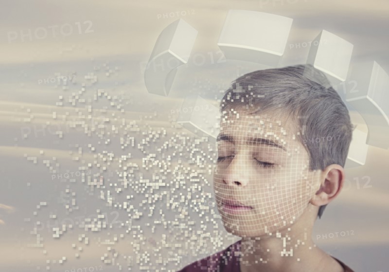 Pixelated mixed race boy with eyes closed
