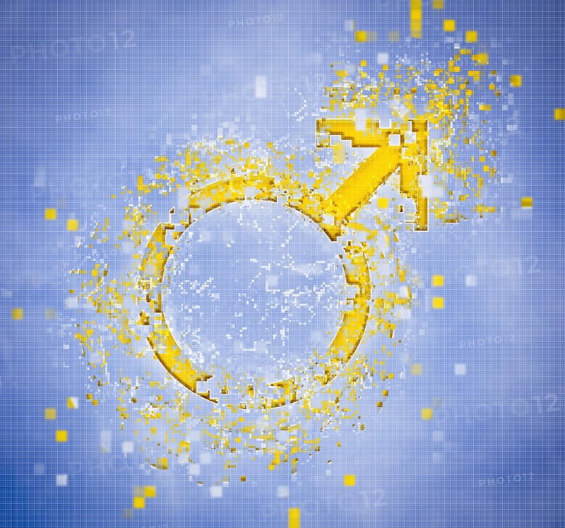 Pixelated male symbol on blue background