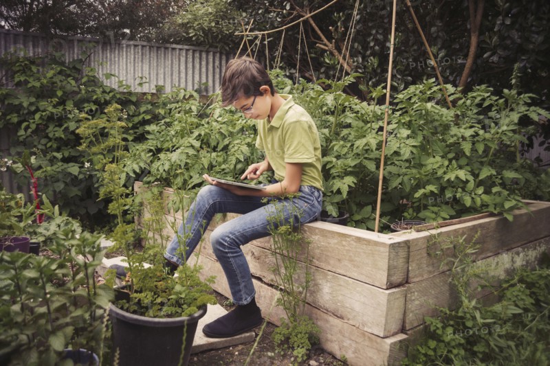 Mixed race boy using digital tablet in garden