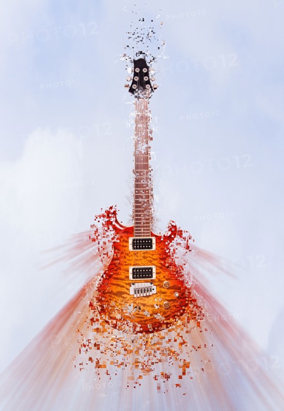 Pixelated guitar floating in sky