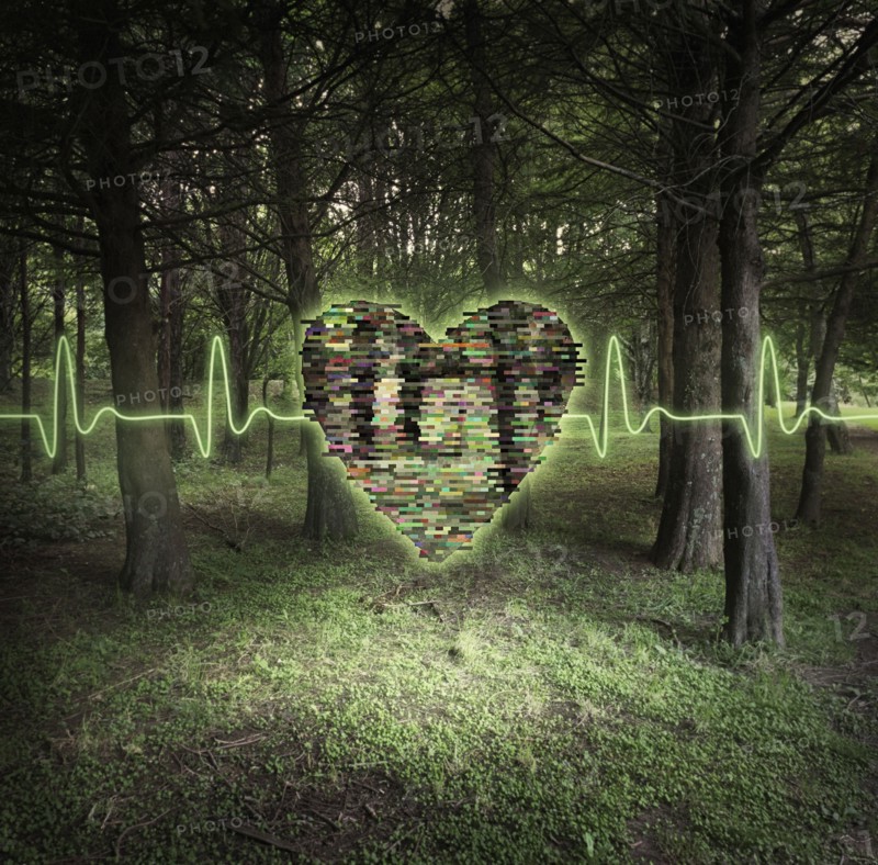 Pixelated heart floating in forest