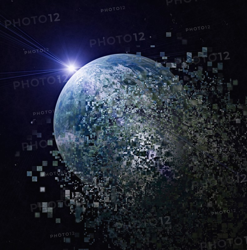 Earth dissolving into pixels in outer space