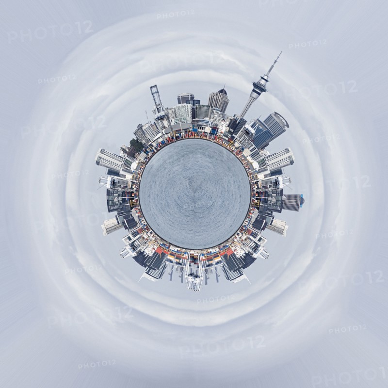 Cross section view of cityscape around globe