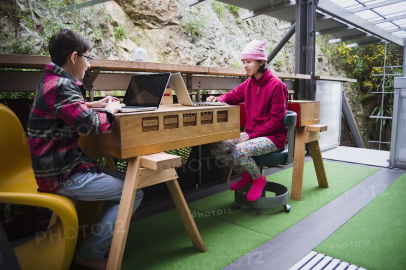 Mixed Race brother and sister using laptops on veranda