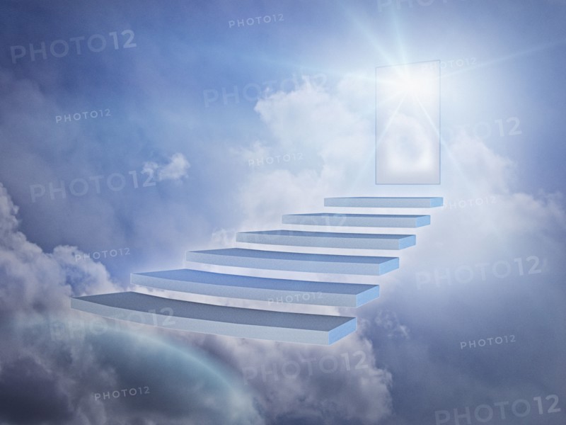Staircase in clouds with glowing doorway
