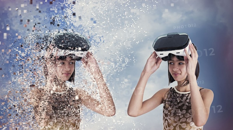 Virtual replica of Mixed Race girl wearing vr goggles