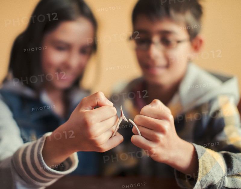 Mixed Race brother and sister snapping wishbone