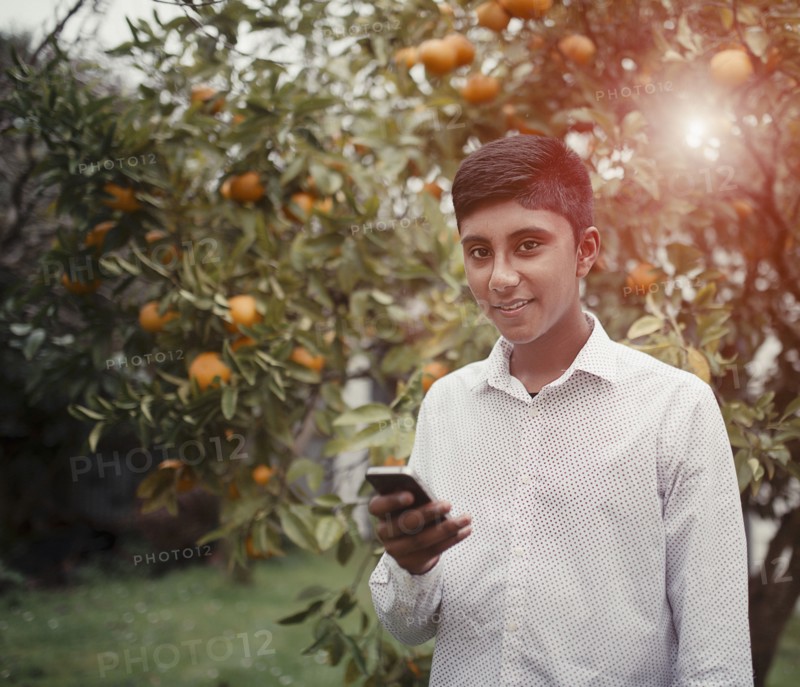 Fiji Indian boy texting on cell phone in orchard