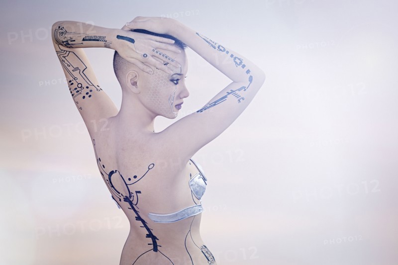Tattoos on arms and back of futuristic woman