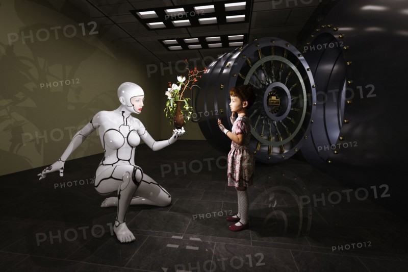 Female cyborg presenting flowers in vase to girl near vault