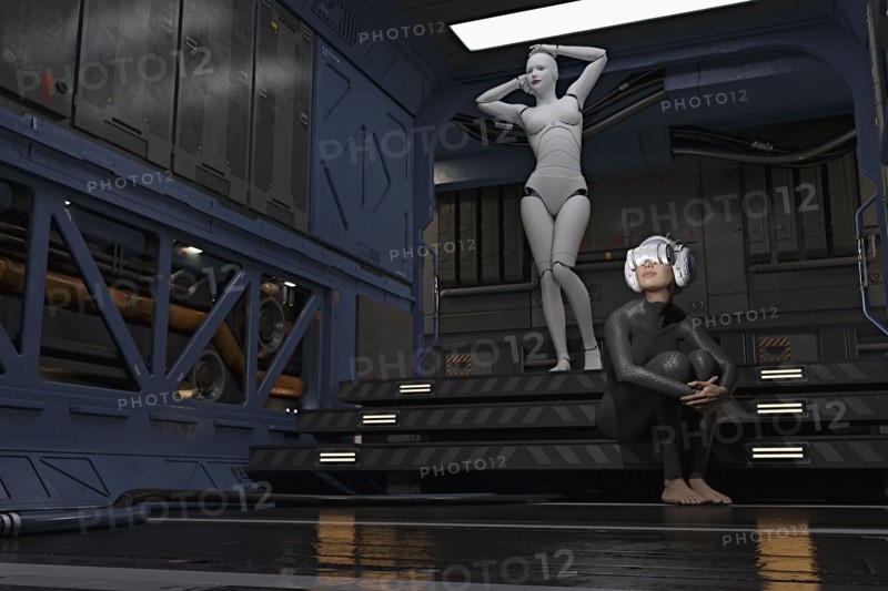 Female cyborg standing near woman wearing virtual reality goggles
