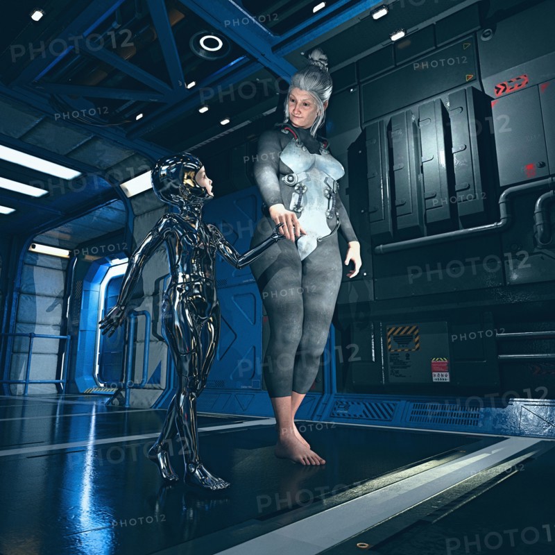 Older woman walking with female girl cyborg